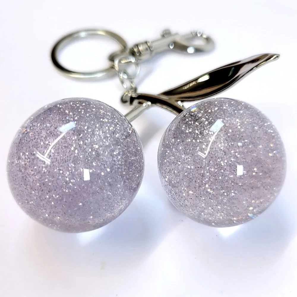 Bag Charm Keychain Glitter Resin Double Cherry Silver Womens Blossom Fairycore